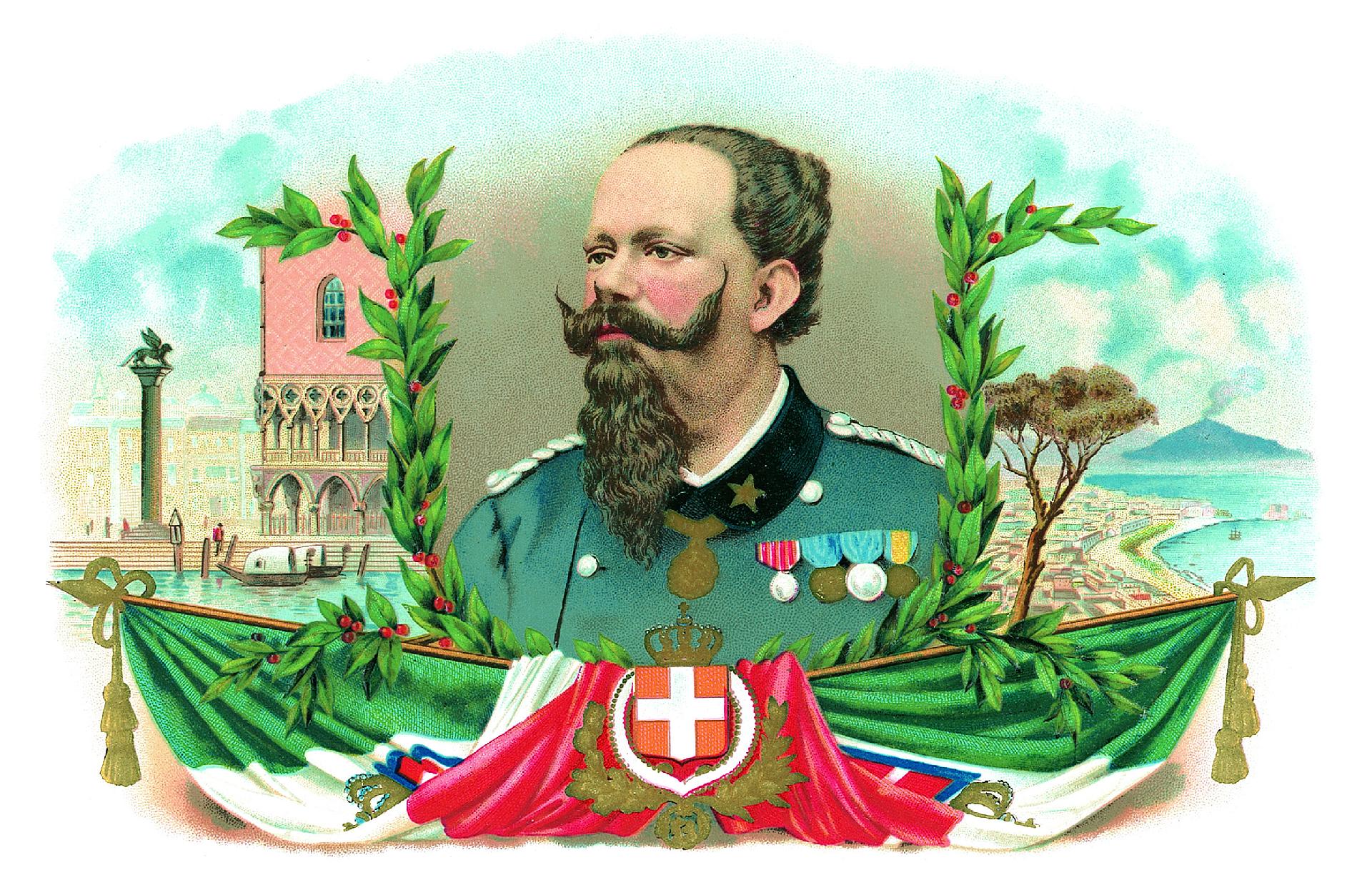 Portrait of Vittorio Emanuele II with the Italian flag and Savoy coat of arms, showing views of Naples and Venice, cigar box label, 1890 - Museo Nazionale della Montagna &quot;Duca Degli Abruzzi&quot; - CAI Torino