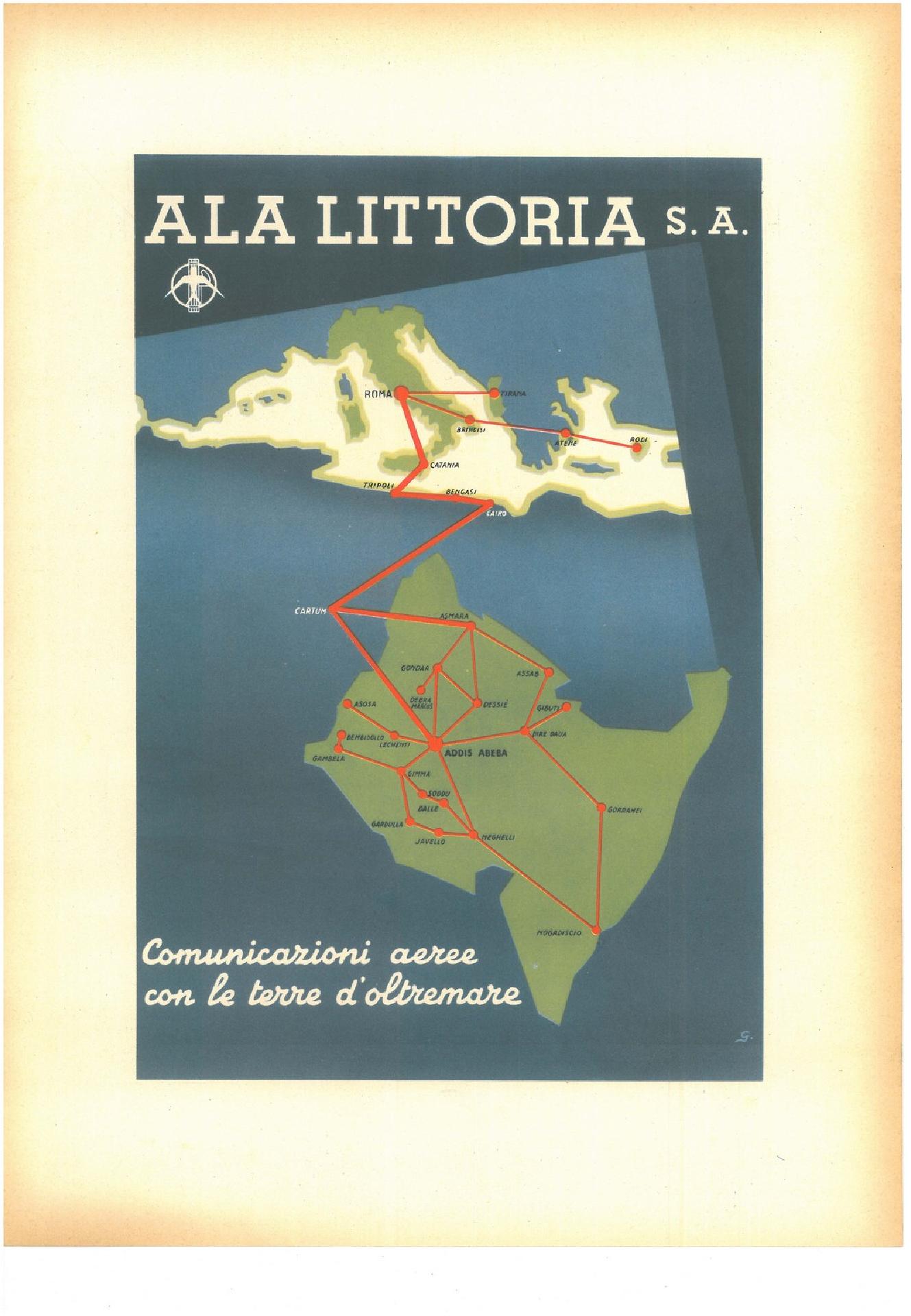 Ala Littoria SA. Air communications with overseas lands. Advertising page from the exhibition catalog - CC BY-SA Museo Nazionale della Scienza e della Tecnologia Leonardo da Vinci di Milano