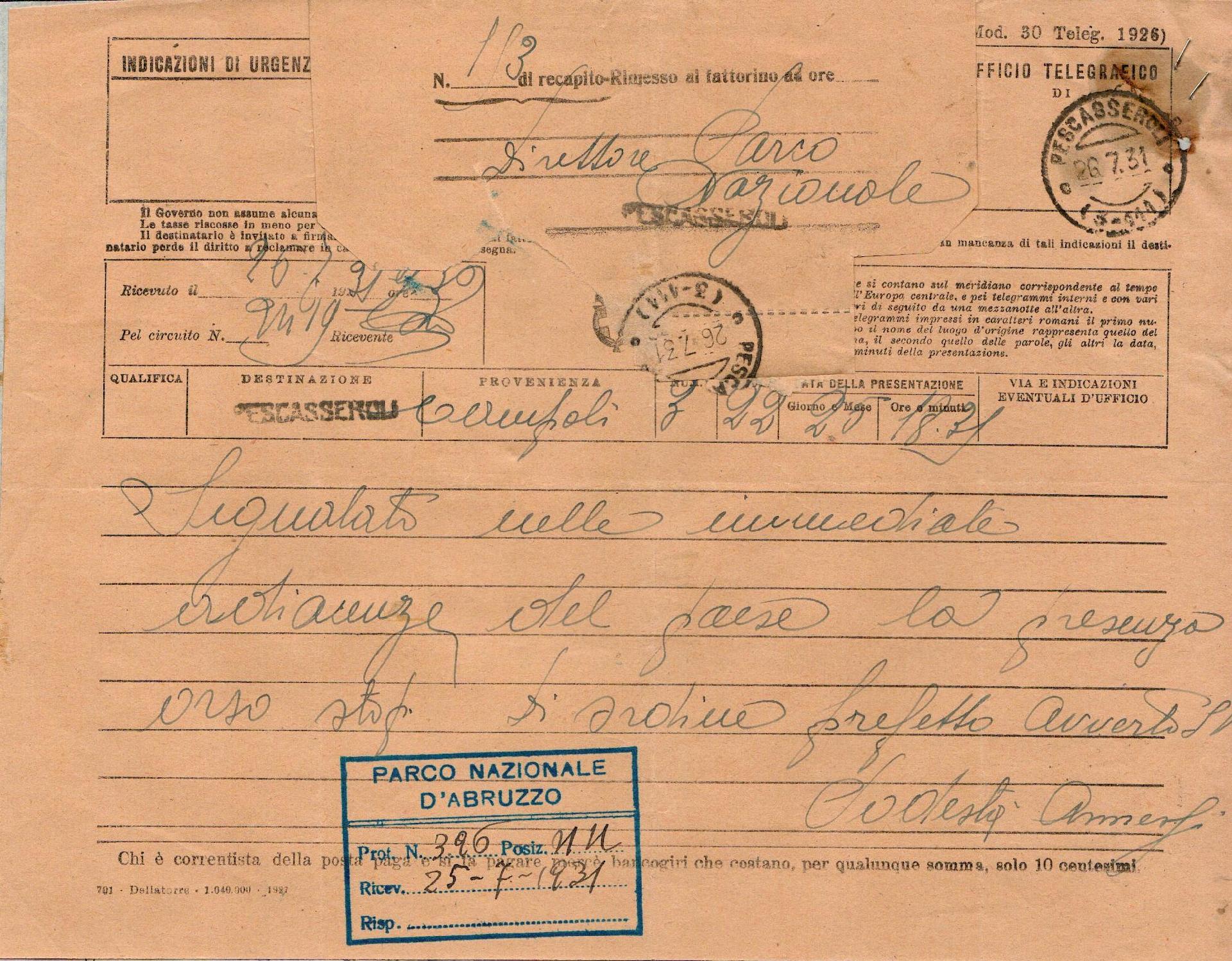 Telegramma del podestà di Campoli (Fr) sull'avvistamento di un orso nelle adiacenze del paese, IX - Fauna/1. Cl. 2 Rimborsi per i danni causati dagli orsi B1 fasc. 1-18 1922 - 1934 - CC BY-SA Archivio storico Pnalm - appendice integrativa