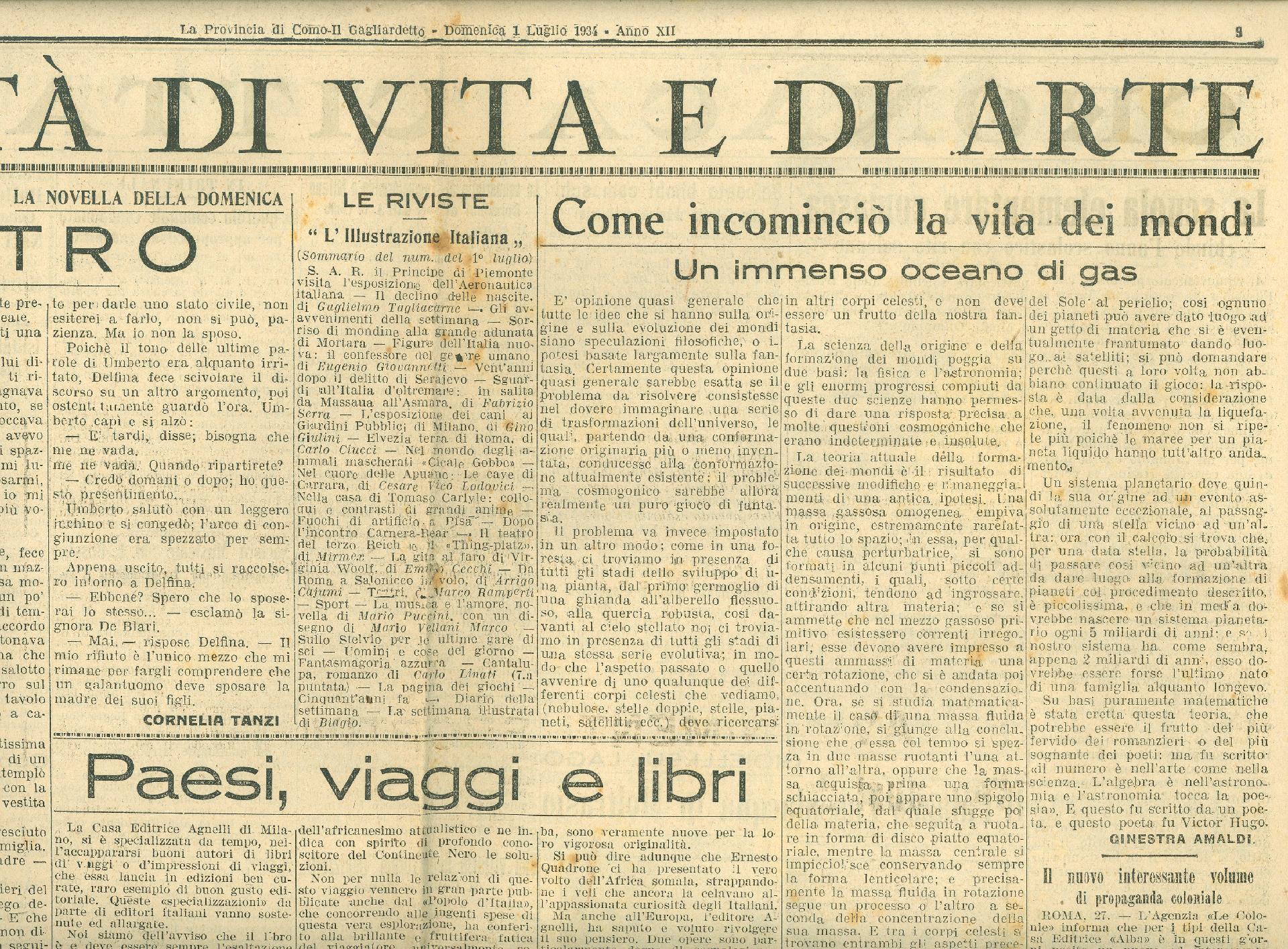 Articolo: Come incominciò la vita dei mondi, pubblicato su La Provincia di Como - CC BY-SA Dipartimento di Fisica - Sapienza Università di Roma