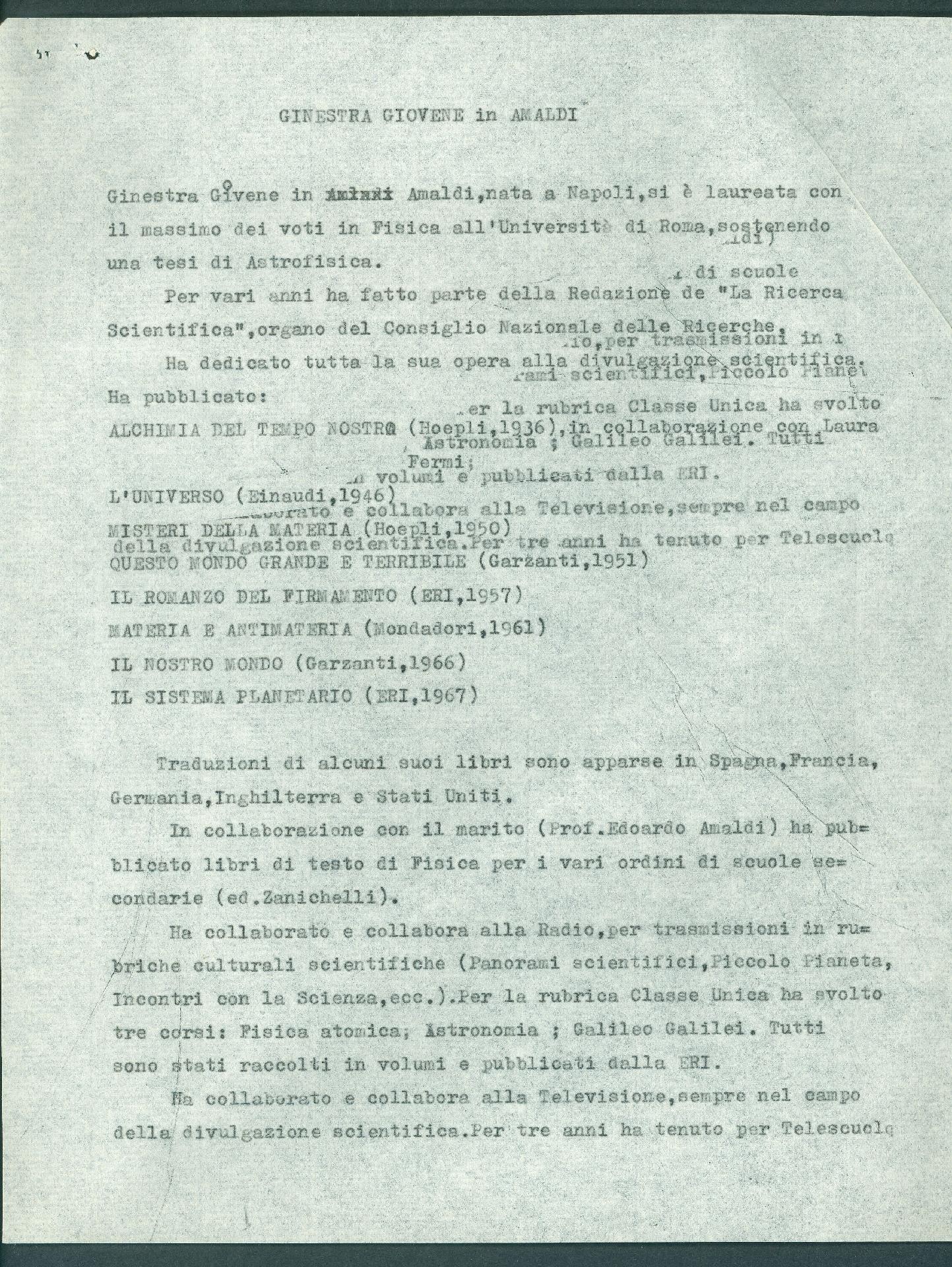 Testo di Edoardo Amaldi che ripercorre la vita e l'attività scientifica di Ginestra - CC BY-SA Dipartimento di Fisica - Sapienza Università di Roma