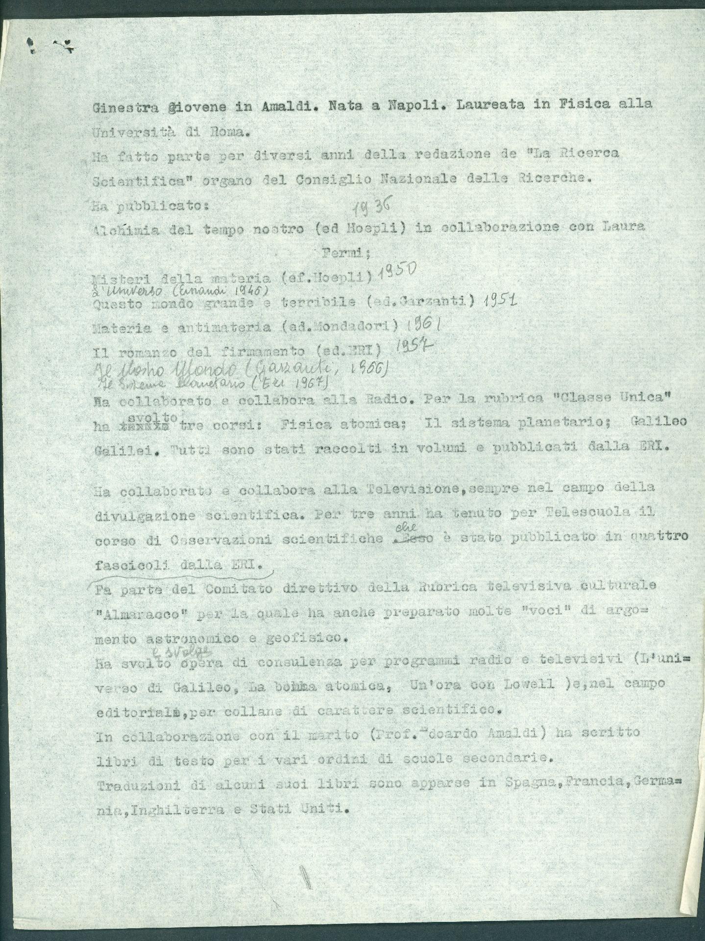 Elenco degli scritti di Ginestra con correzioni manoscritte - CC BY-SA Dipartimento di Fisica - Sapienza Università di Roma
