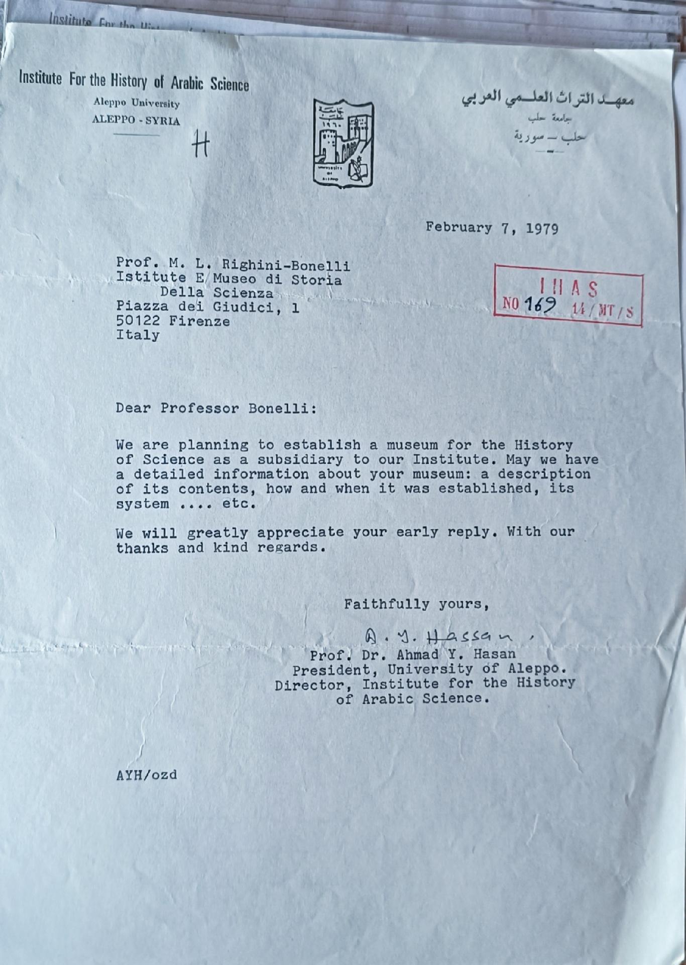 Ahmad Yousef al-Hassan a Maria Luisa Righini Bonelli, 7 febbraio 1979 - Corrispondenza direzione Bonelli 1961-1981, archivio dell'Istituto e Museo di Storia della Scienza, Museo Galileo, Firenze
