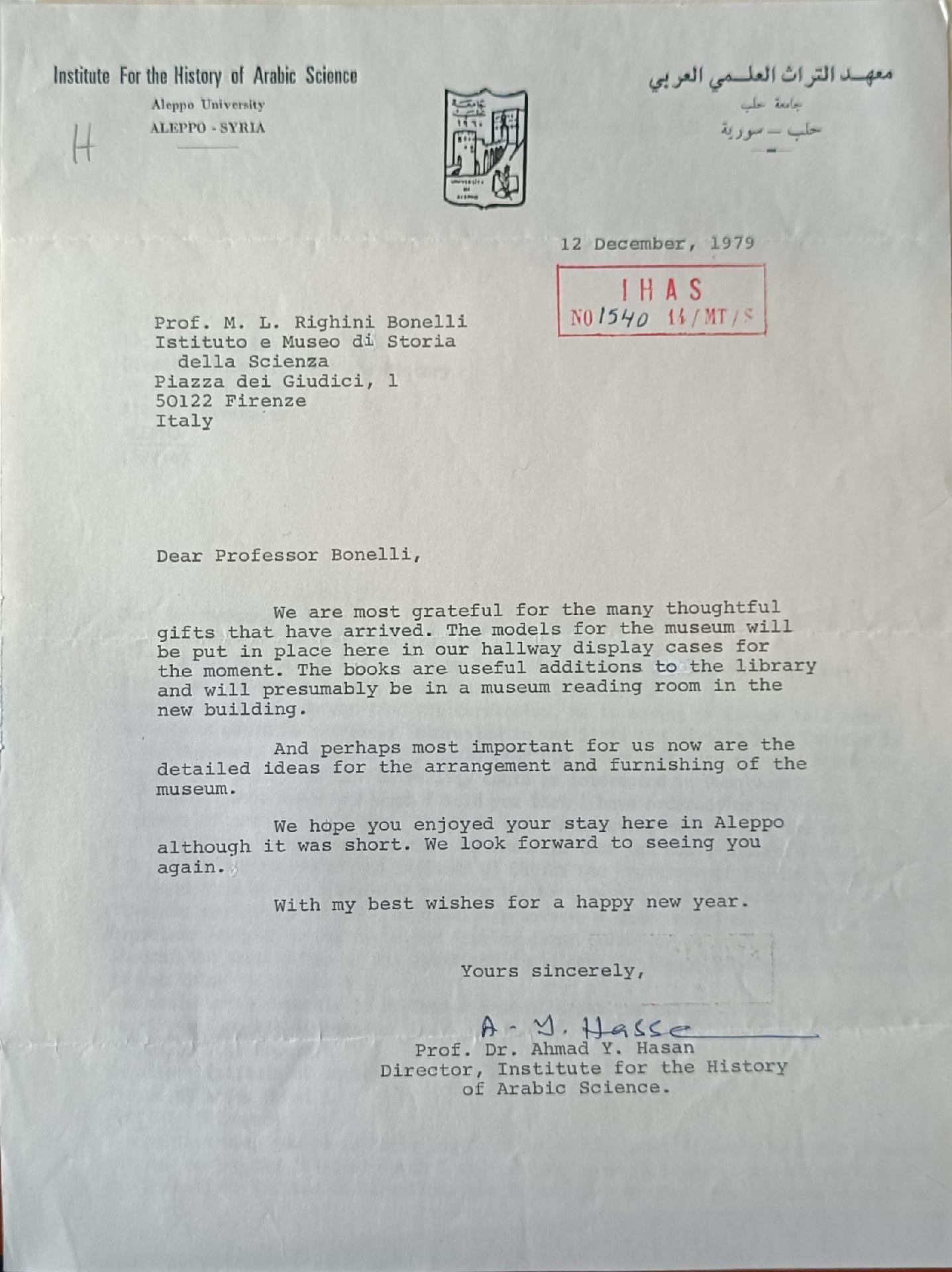 Ahmad Yousef al-Hassan a Maria Luisa Righini Bonelli, 12 dicembre 1979 - Corrispondenza direzione Bonelli 1961-1981, archivio dell'Istituto e Museo di Storia della Scienza, Museo Galileo, Firenze