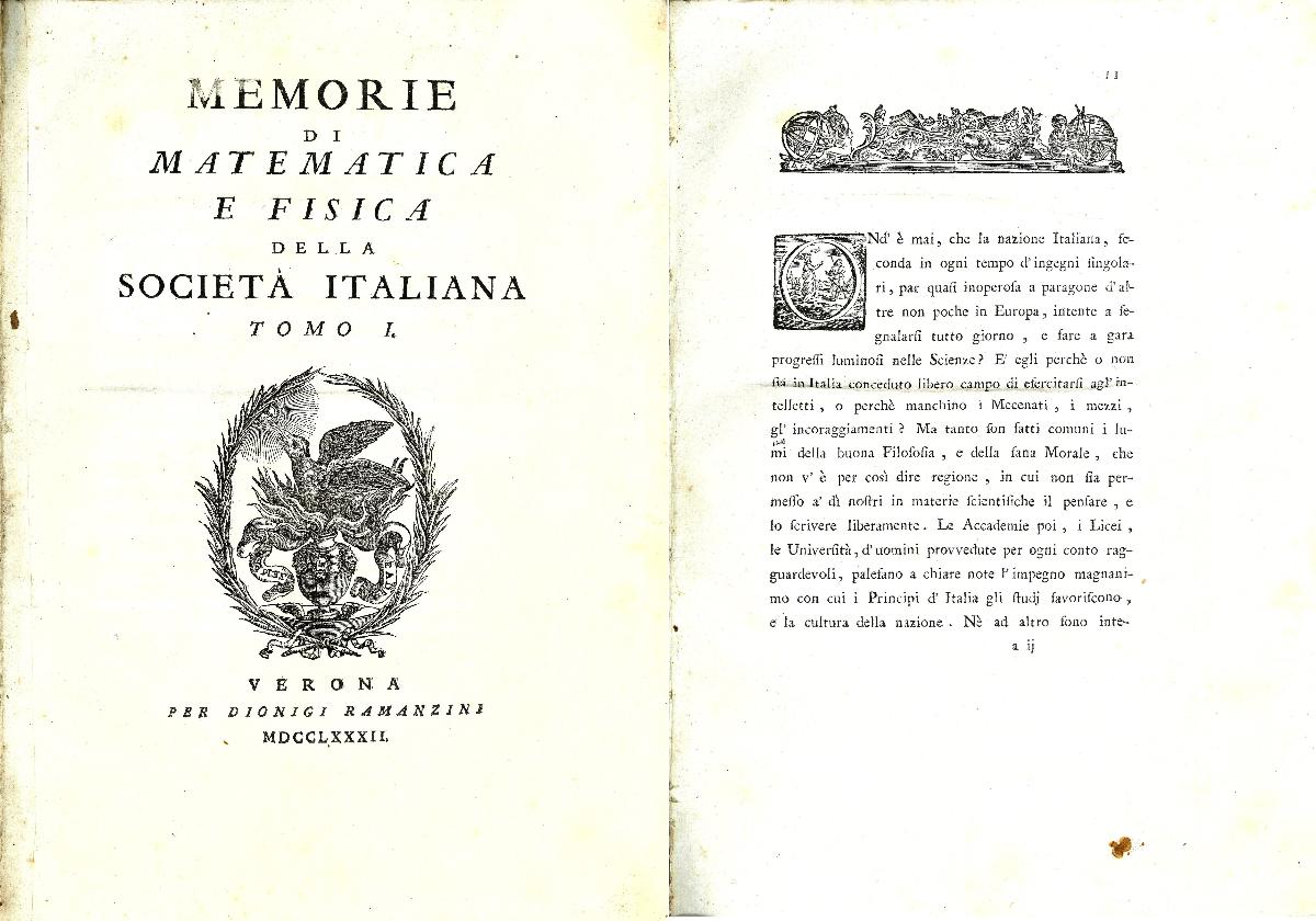 Il primo volume delle Memorie accademiche, stampato nel 1782. Frontespizio e prima pagina della prefazione del Lorgna - CC BY-SA Accademia Nazionale delle Scienze, detta dei XL