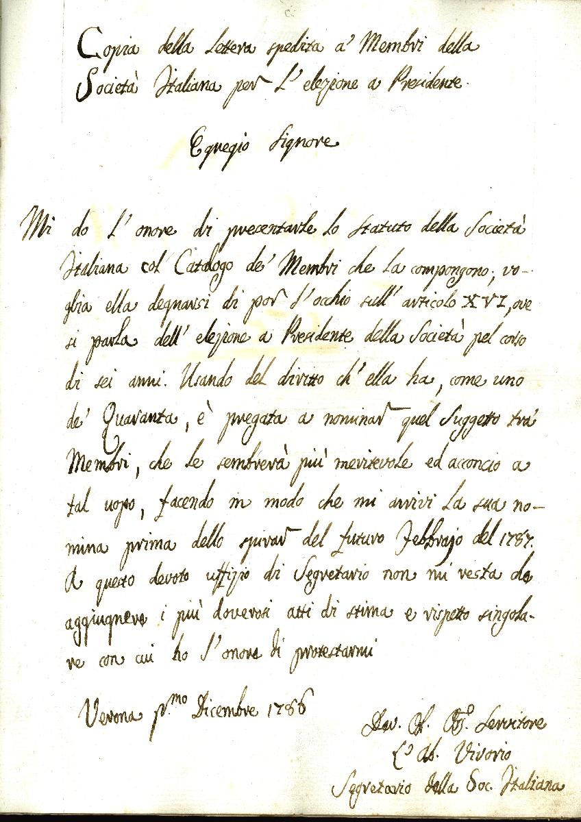 Lettera di invito ai soci alla elezione del Presidente della Società Italiana, 1786 - CC BY-SA Accademia Nazionale delle Scienze, detta dei XL