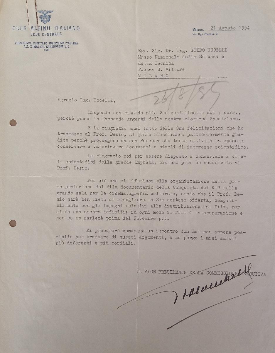 Lettera di Vittorio Lombardi, vice presidente della &quot;Commissione Esecutiva per la Spedizione Italiana al Karakorum - K2&quot;, al presidente del Museo della Scienza e della Tecnica Guido Ucelli; 21 agosto 1954 | Archivio del Museo, Corrispondenza II, b.139 - 