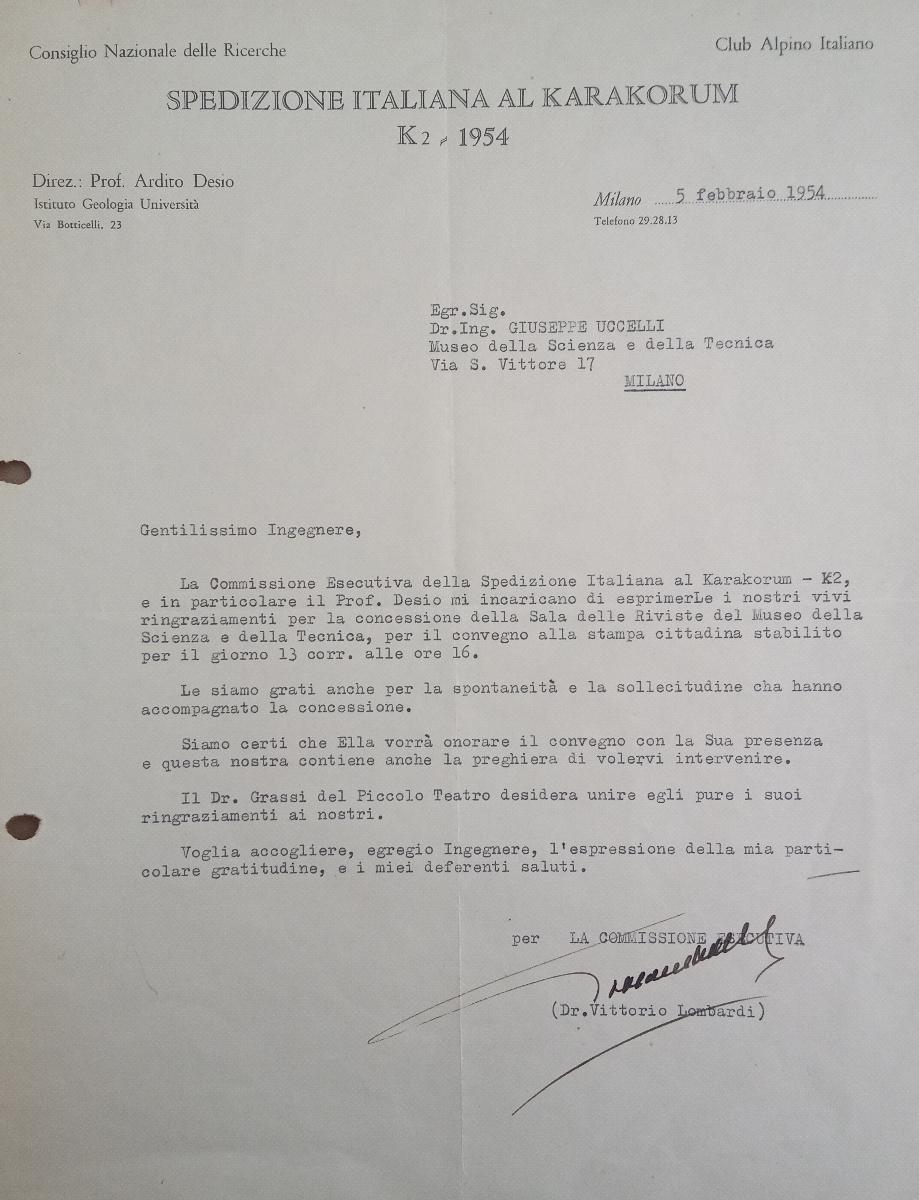Lettera di Vittorio Lombardi, vice presidente della &quot;Commissione Esecutiva per la Spedizione Italiana al Karakorum - K2&quot;, al presidente del Museo della Scienza e della Tecnica Guido Ucelli; 5 febbraio 1954 | Archivio del Museo, Corrispondenza II, b.139 - 